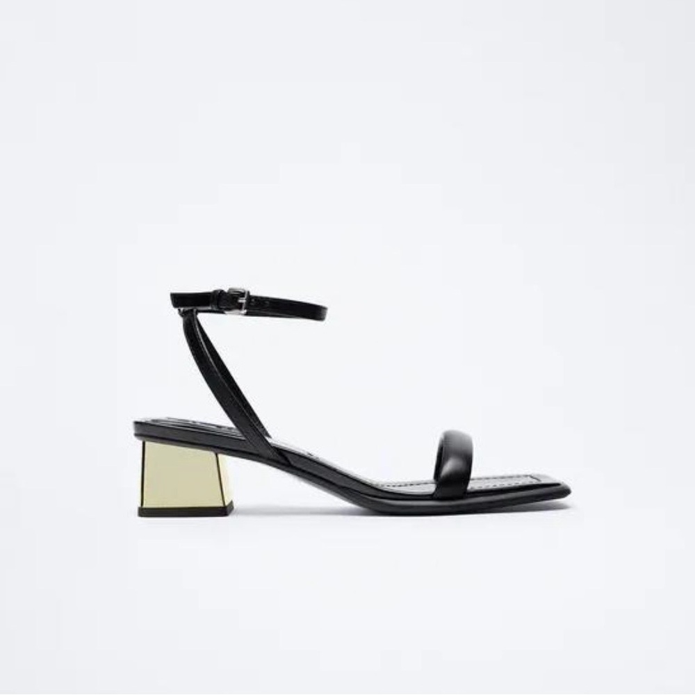 Zara | black leather ankle strap sandal gold low block heel
